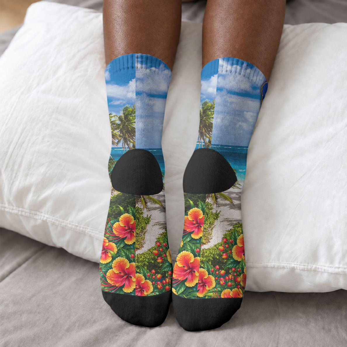Barbados Trident Coat Of Arms Crew Socks Caribbean Pride Tropical Beach Floral Map