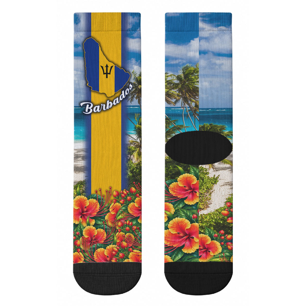 Barbados Trident Coat Of Arms Crew Socks Caribbean Pride Tropical Beach Floral Map