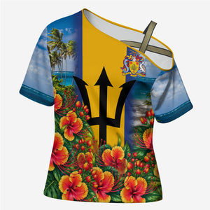 Barbados Trident Coat Of Arms Cross Shoulder Shirt Caribbean Pride Tropical Beach Floral Map