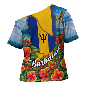 Barbados Trident Coat Of Arms Cross Shoulder Shirt Caribbean Pride Tropical Beach Floral Map