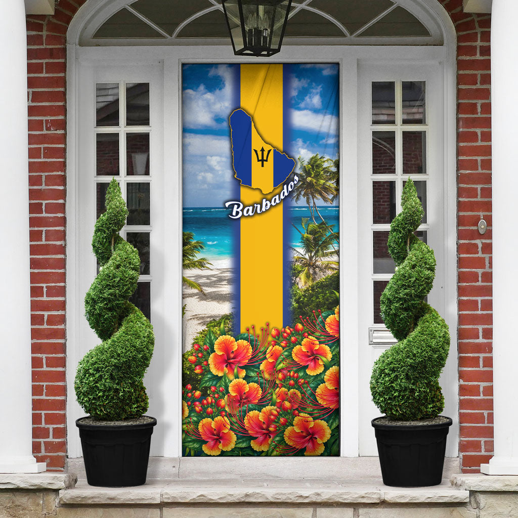 Barbados Trident Coat Of Arms Door Cover Caribbean Pride Tropical Beach Floral Map