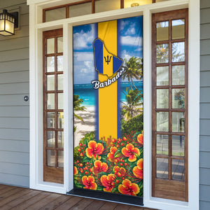 Barbados Trident Coat Of Arms Door Cover Caribbean Pride Tropical Beach Floral Map