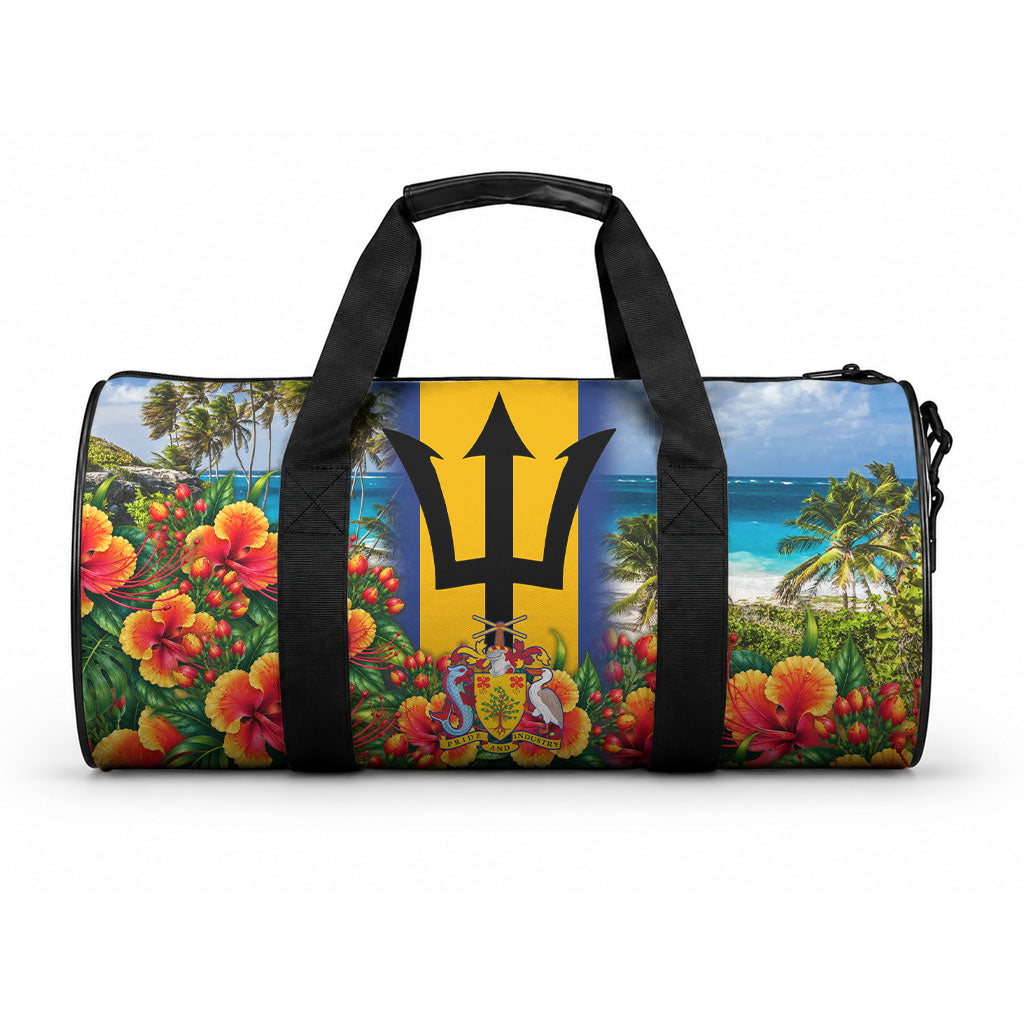 Barbados Trident Coat Of Arms Duffle Bag Caribbean Pride Tropical Beach Floral Map