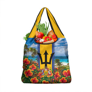 Barbados Trident Coat Of Arms Grocery Bag Caribbean Pride Tropical Beach Floral Map