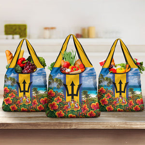 Barbados Trident Coat Of Arms Grocery Bag Caribbean Pride Tropical Beach Floral Map