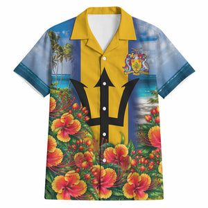 Barbados Trident Coat Of Arms Hawaiian Shirt Caribbean Pride Tropical Beach Floral Map