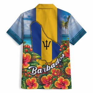 Barbados Trident Coat Of Arms Hawaiian Shirt Caribbean Pride Tropical Beach Floral Map