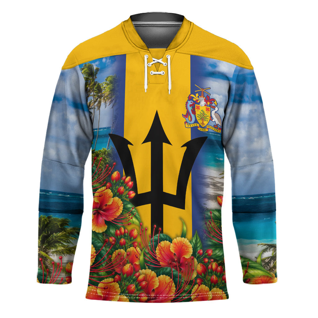 Barbados Trident Coat Of Arms Hockey Jersey Caribbean Pride Tropical Beach Floral Map