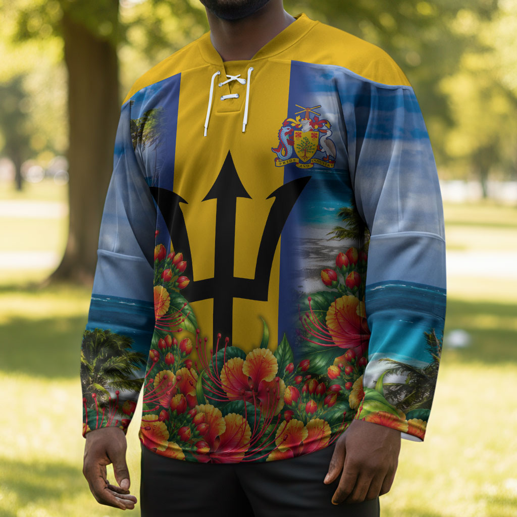 Barbados Trident Coat Of Arms Hockey Jersey Caribbean Pride Tropical Beach Floral Map