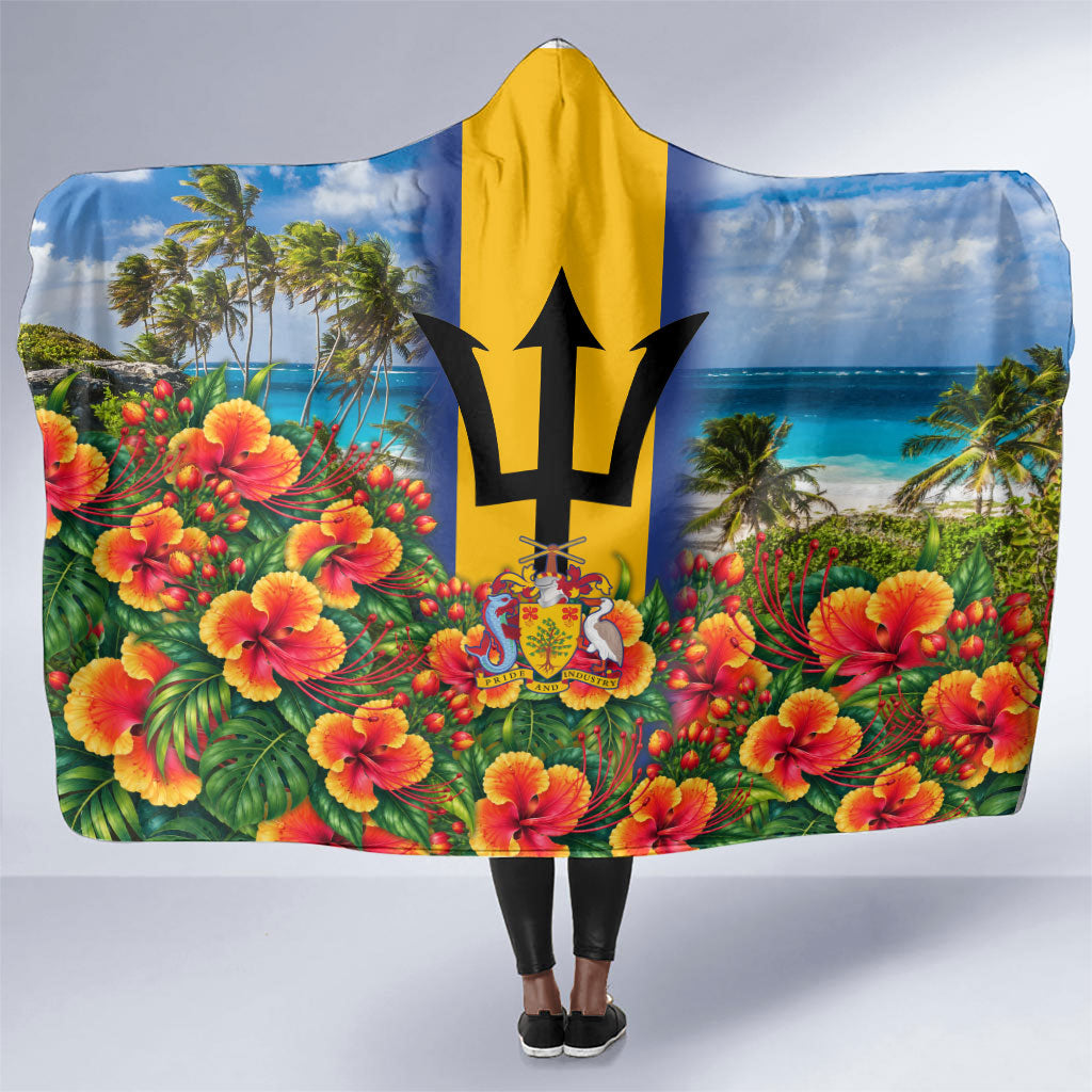 Barbados Trident Coat Of Arms Hooded Blanket Caribbean Pride Tropical Beach Floral Map