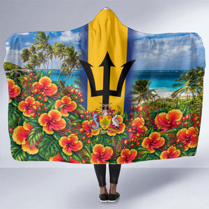 Barbados Trident Coat Of Arms Hooded Blanket Caribbean Pride Tropical Beach Floral Map