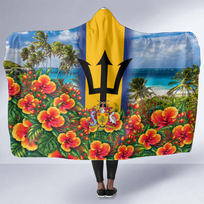 Barbados Trident Coat Of Arms Hooded Blanket Caribbean Pride Tropical Beach Floral Map