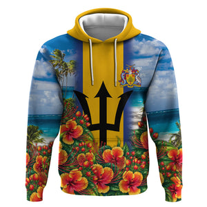 Barbados Trident Coat Of Arms Hoodie Caribbean Pride Tropical Beach Floral Map