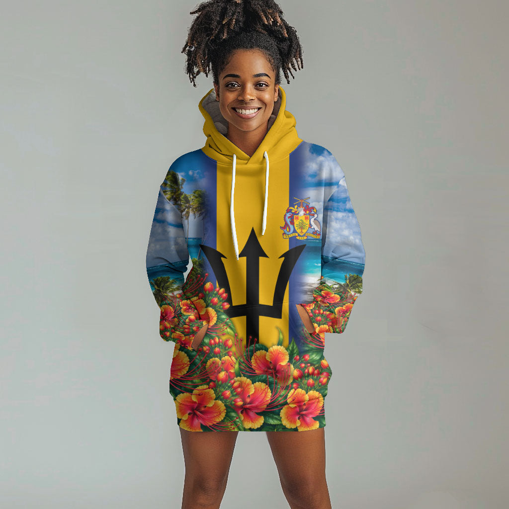 Barbados Trident Coat Of Arms Hoodie Dress Caribbean Pride Tropical Beach Floral Map