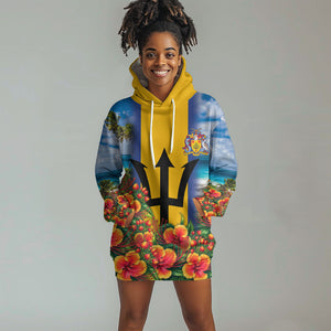 Barbados Trident Coat Of Arms Hoodie Dress Caribbean Pride Tropical Beach Floral Map