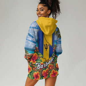 Barbados Trident Coat Of Arms Hoodie Dress Caribbean Pride Tropical Beach Floral Map