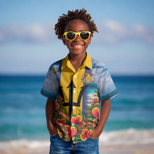 Barbados Trident Coat Of Arms Kid Hawaiian Shirt Caribbean Pride Tropical Beach Floral Map