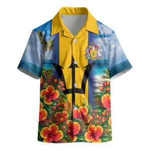 Barbados Trident Coat Of Arms Kid Hawaiian Shirt Caribbean Pride Tropical Beach Floral Map