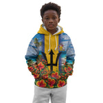 Barbados Trident Coat Of Arms Kid Hoodie Caribbean Pride Tropical Beach Floral Map
