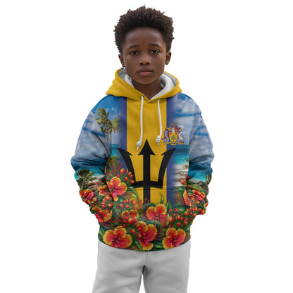 Barbados Trident Coat Of Arms Kid Hoodie Caribbean Pride Tropical Beach Floral Map