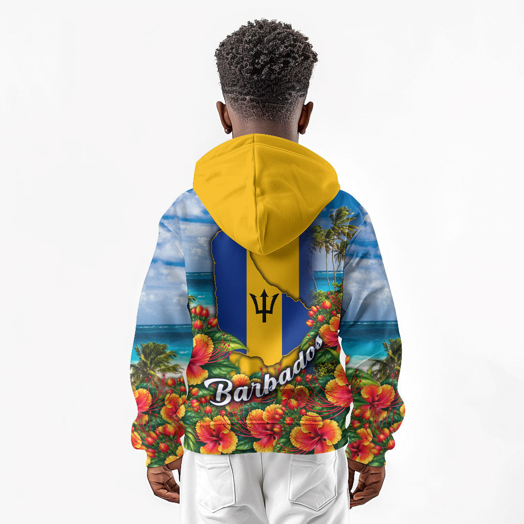 Barbados Trident Coat Of Arms Kid Hoodie Caribbean Pride Tropical Beach Floral Map