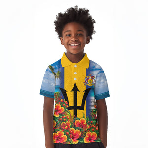 Barbados Trident Coat Of Arms Kid Polo Shirt Caribbean Pride Tropical Beach Floral Map