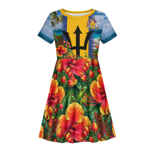 Barbados Trident Coat Of Arms Kid Short Sleeve Dress Caribbean Pride Tropical Beach Floral Map