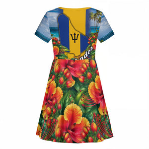 Barbados Trident Coat Of Arms Kid Short Sleeve Dress Caribbean Pride Tropical Beach Floral Map
