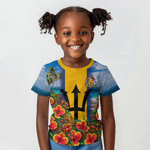 Barbados Trident Coat Of Arms Kid T shirt Caribbean Pride Tropical Beach Floral Map