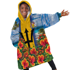 Barbados Trident Coat Of Arms Kid Wearable Blanket Hoodie Caribbean Pride Tropical Beach Floral Map