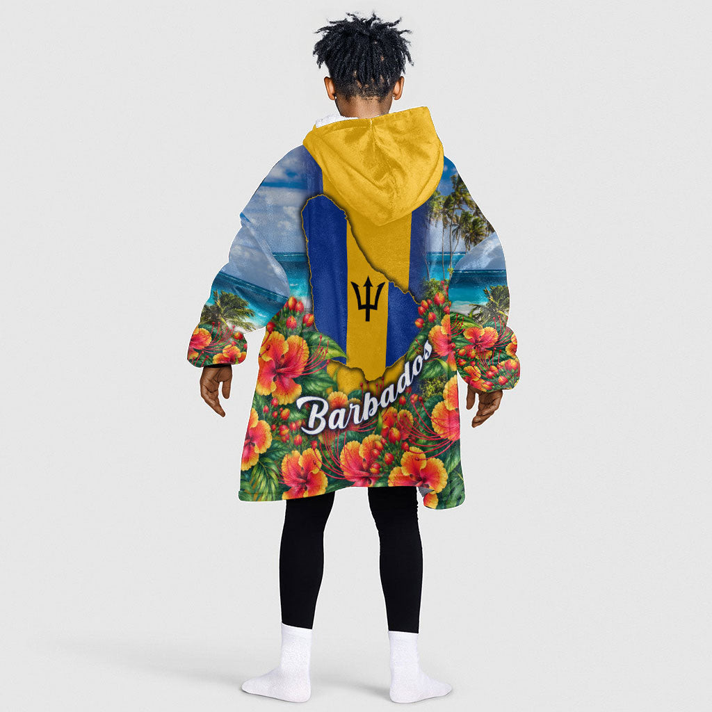Barbados Trident Coat Of Arms Kid Wearable Blanket Hoodie Caribbean Pride Tropical Beach Floral Map