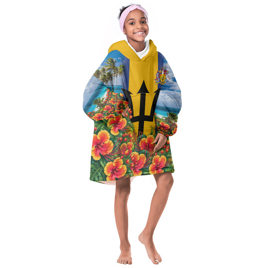 Barbados Trident Coat Of Arms Kid Wearable Blanket Hoodie Caribbean Pride Tropical Beach Floral Map