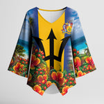 Barbados Trident Coat Of Arms Kimono Sleeve Blouse Caribbean Pride Tropical Beach Floral Map