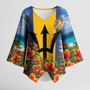 Barbados Trident Coat Of Arms Kimono Sleeve Blouse Caribbean Pride Tropical Beach Floral Map