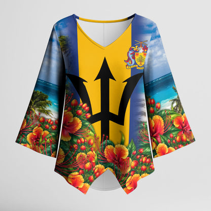Barbados Trident Coat Of Arms Kimono Sleeve Blouse Caribbean Pride Tropical Beach Floral Map