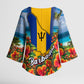 Barbados Trident Coat Of Arms Kimono Sleeve Blouse Caribbean Pride Tropical Beach Floral Map