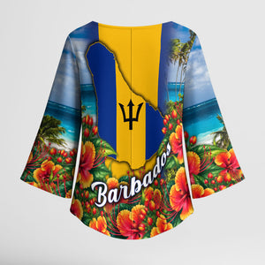 Barbados Trident Coat Of Arms Kimono Sleeve Blouse Caribbean Pride Tropical Beach Floral Map