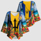 Barbados Trident Coat Of Arms Kimono Sleeve Blouse Caribbean Pride Tropical Beach Floral Map
