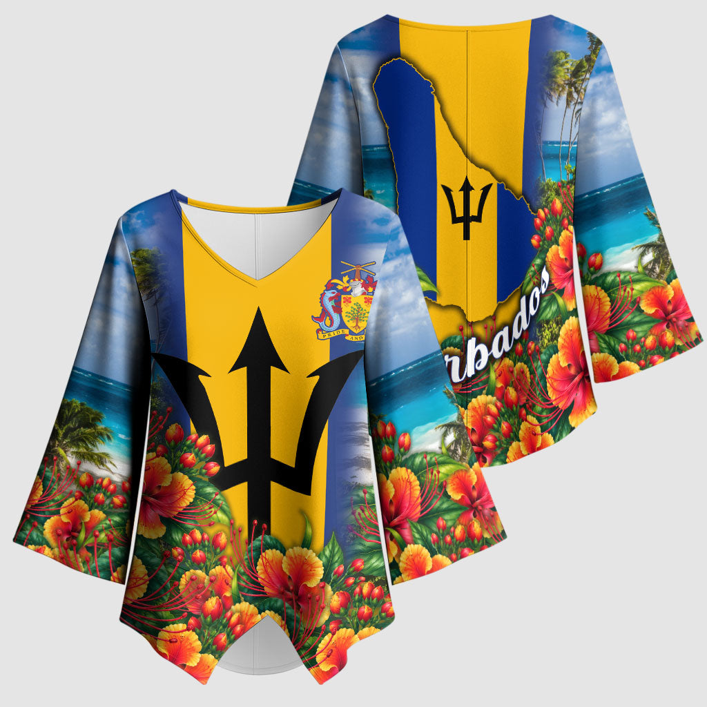 Barbados Trident Coat Of Arms Kimono Sleeve Blouse Caribbean Pride Tropical Beach Floral Map