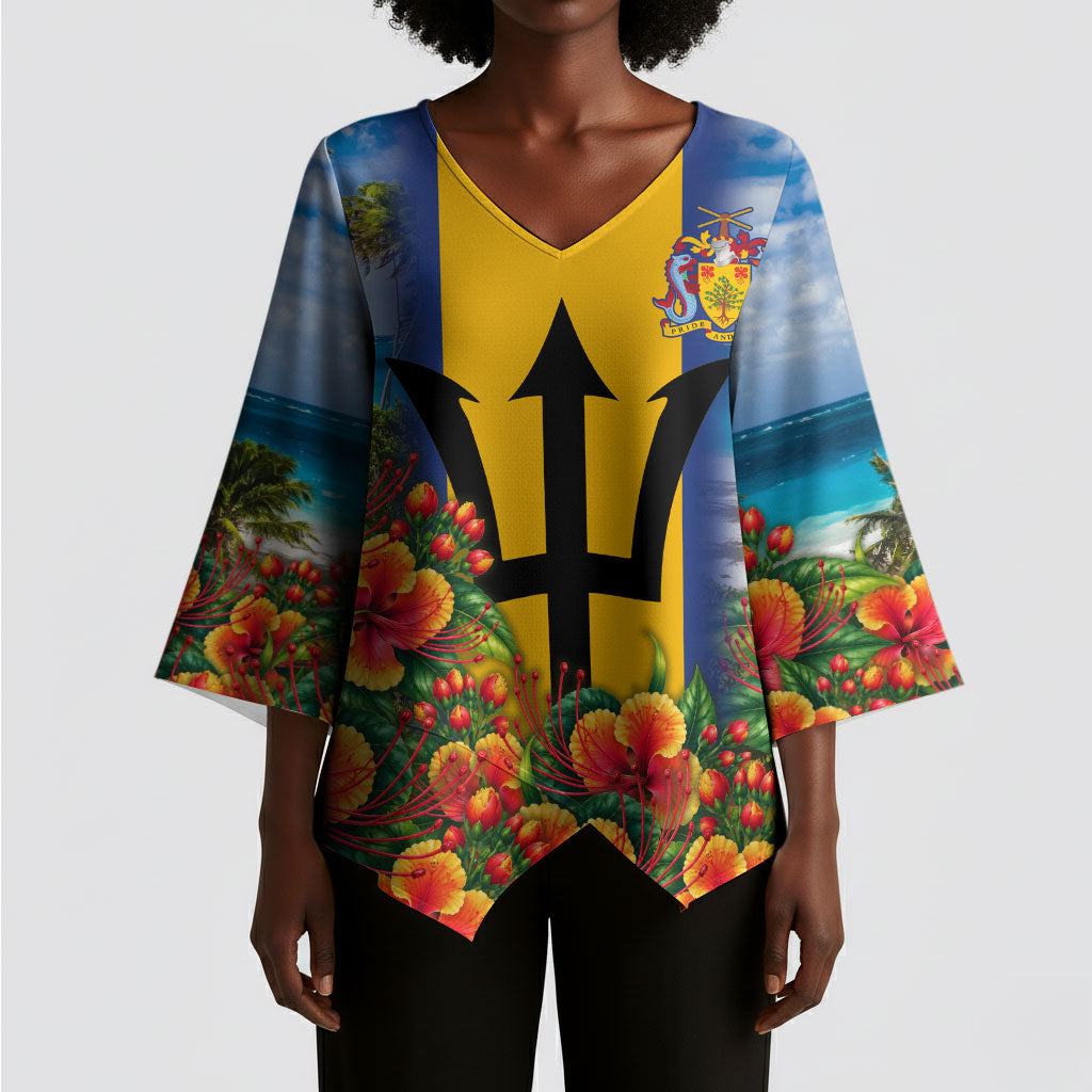 Barbados Trident Coat Of Arms Kimono Sleeve Blouse Caribbean Pride Tropical Beach Floral Map