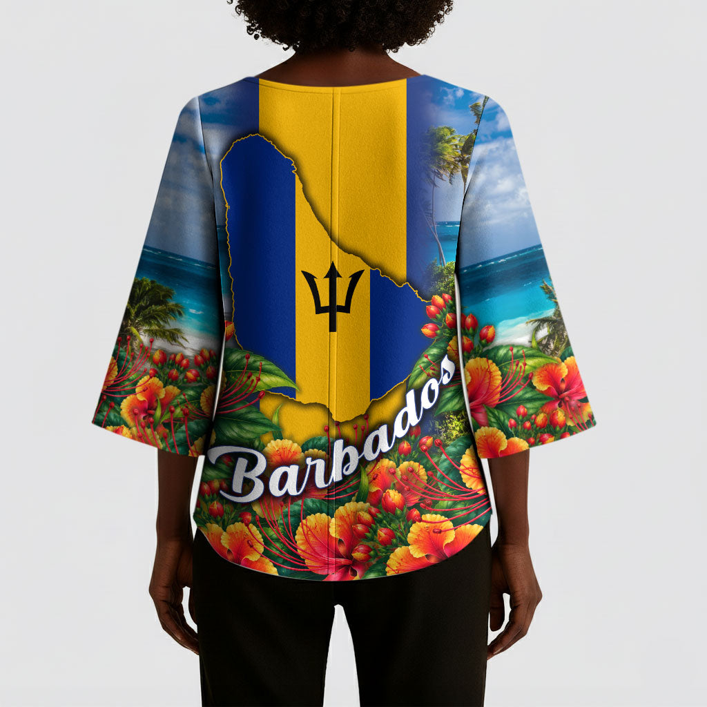 Barbados Trident Coat Of Arms Kimono Sleeve Blouse Caribbean Pride Tropical Beach Floral Map