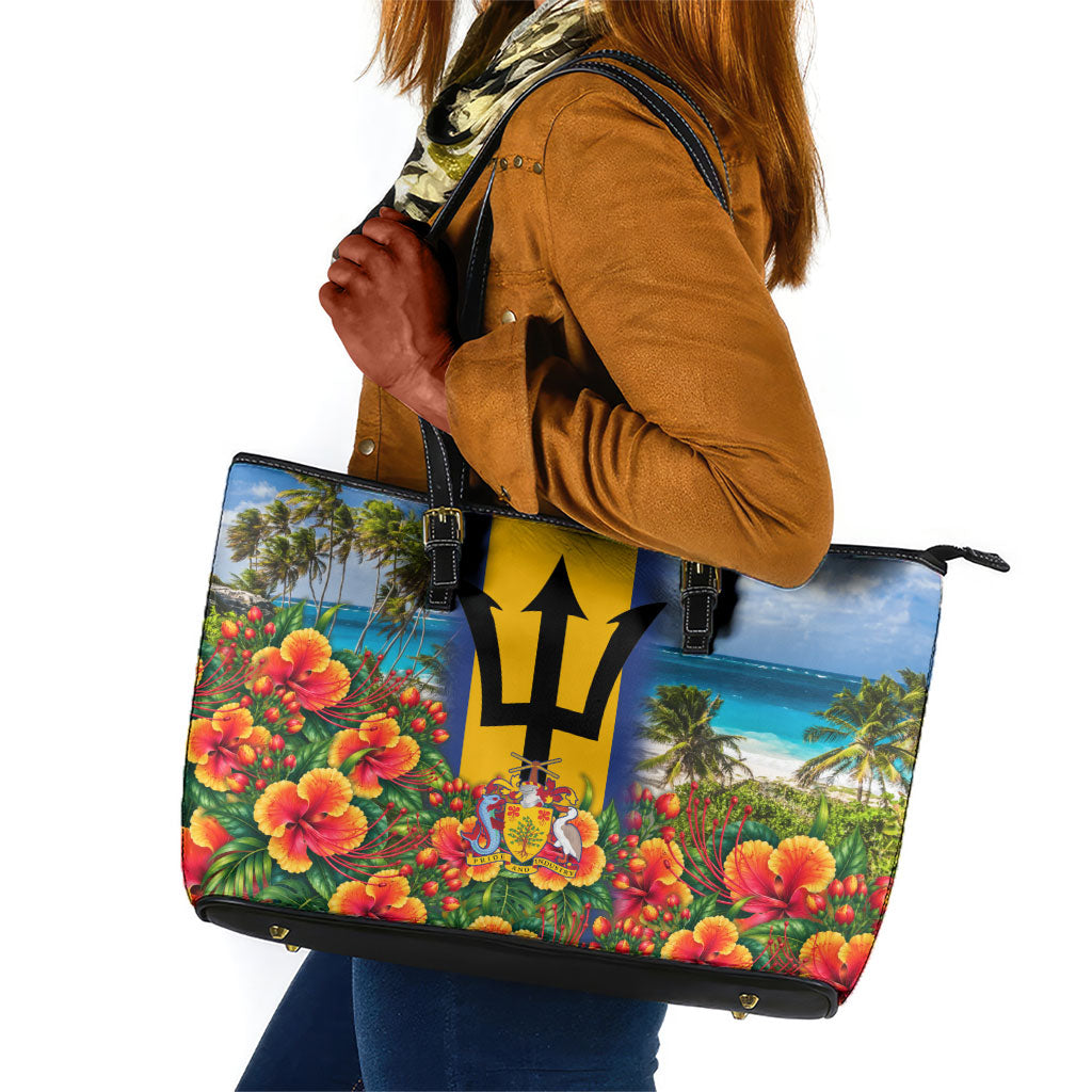 Barbados Trident Coat Of Arms Leather Tote Bag Caribbean Pride Tropical Beach Floral Map