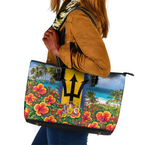 Barbados Trident Coat Of Arms Leather Tote Bag Caribbean Pride Tropical Beach Floral Map