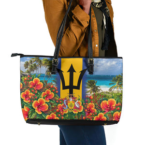 Barbados Trident Coat Of Arms Leather Tote Bag Caribbean Pride Tropical Beach Floral Map
