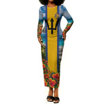 Barbados Trident Coat Of Arms Long Sleeve Bodycon Dress Caribbean Pride Tropical Beach Floral Map