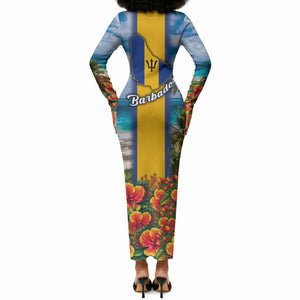 Barbados Trident Coat Of Arms Long Sleeve Bodycon Dress Caribbean Pride Tropical Beach Floral Map