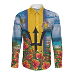 Barbados Trident Coat Of Arms Long Sleeve Button Shirt Caribbean Pride Tropical Beach Floral Map