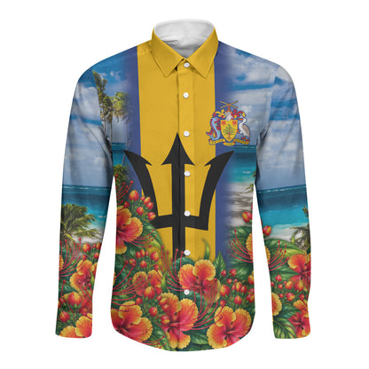 Barbados Trident Coat Of Arms Long Sleeve Button Shirt Caribbean Pride Tropical Beach Floral Map