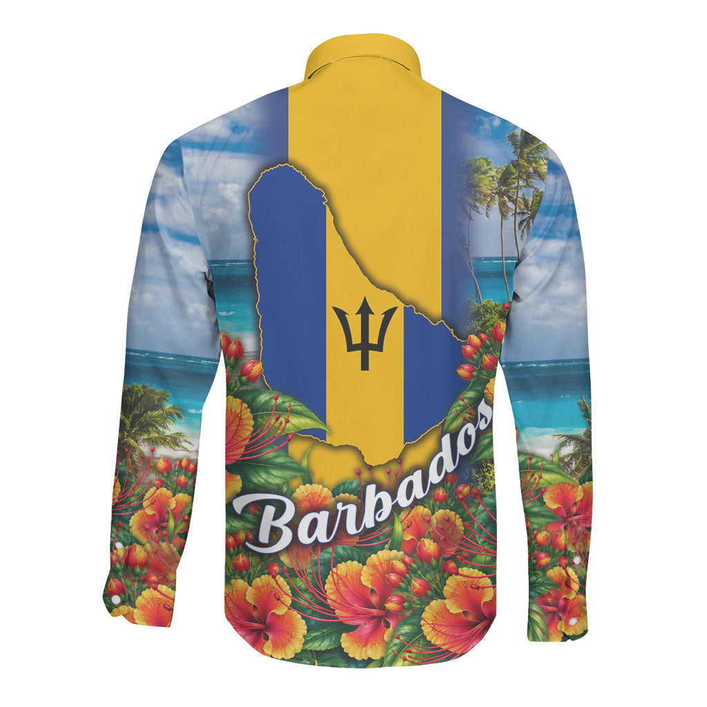 Barbados Trident Coat Of Arms Long Sleeve Button Shirt Caribbean Pride Tropical Beach Floral Map
