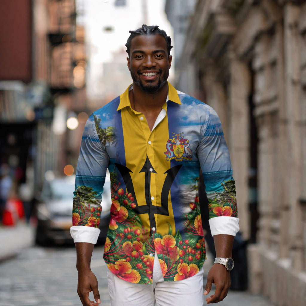 Barbados Trident Coat Of Arms Long Sleeve Button Shirt Caribbean Pride Tropical Beach Floral Map